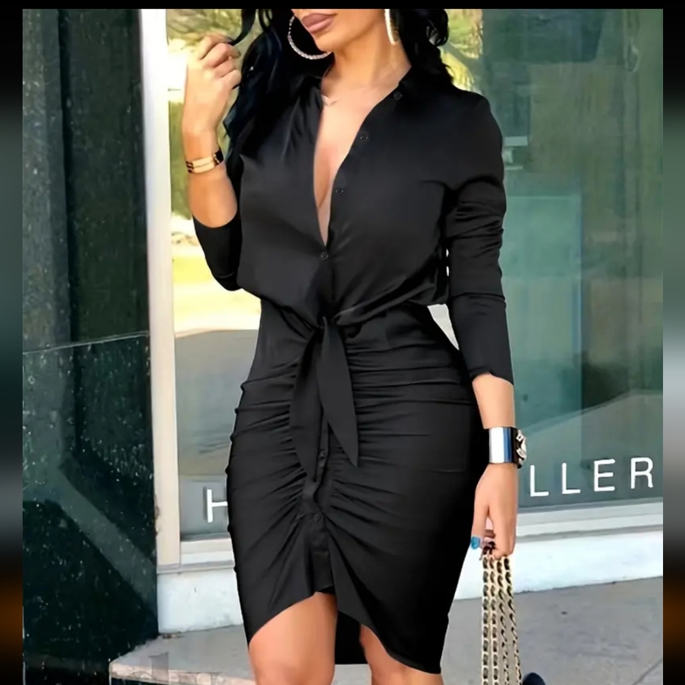 Ruched Black Button Front Dress